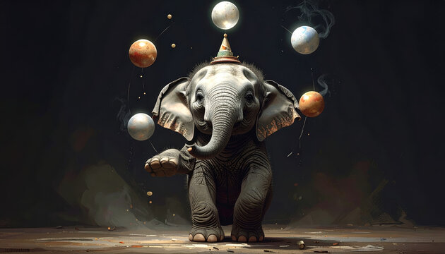 Whimsical young elephant in a festive hat expertly juggling glowing orbs with remarkable skill