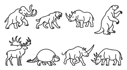 Prehistoric ice age megafauna line art collection, 8 extinct animal icons including mammoth and saber-toothed tiger, ancient wildlife vector set © Sidra