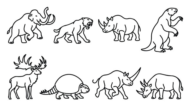 Prehistoric ice age megafauna line art collection, 8 extinct animal icons including mammoth and saber-toothed tiger, ancient wildlife vector set