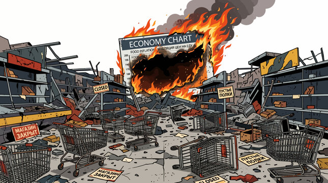 A chaotic scene of a burning shopping district with destroyed storefronts and debris scattered everywhere in a cartoonish illustration style with a dominant red and orange color palette