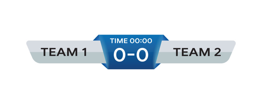 Soccer match scoreboard graphic with team names, scores, and time displayed on a checkerboard background.