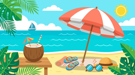 Obraz premium Colorful vector illustration of tropical beach scene with umbrella, coconut drink, sunglasses, flip flops, ocean and palm leaves, perfect for summer vacation and travel design.