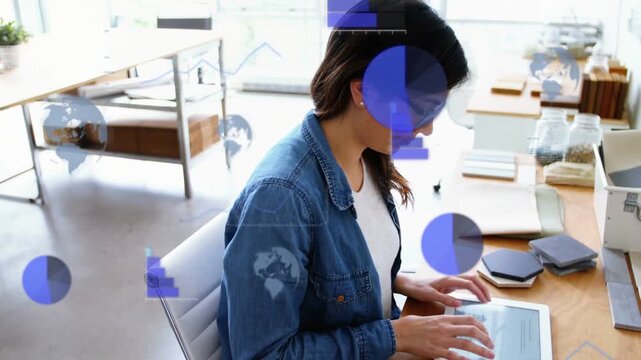 Woman tapping tablet at desk analyzing tech data, bringing charts obscuring view then showing notes