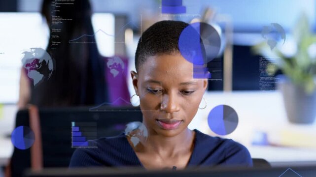 Woman at desk analyzing data on monitor, causing business overlays with pie charts and bars growing