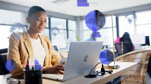 Woman typing on laptop and causing blue charts rising over laptop and lamp, viewing business data