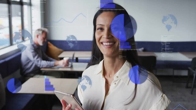 Mature woman tapping tablet in cafe, generating biz pie chart overlays growing and finding insights