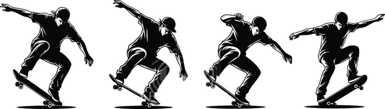 Four skateboarders performing tricks in different poses on white background