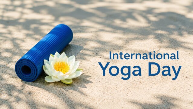 International yoga day sunrise mat lotus on sand, morning mindful session for anxiety relief, somatic practice for trauma informed movement, wellness marketing hero for retreat promo banner
