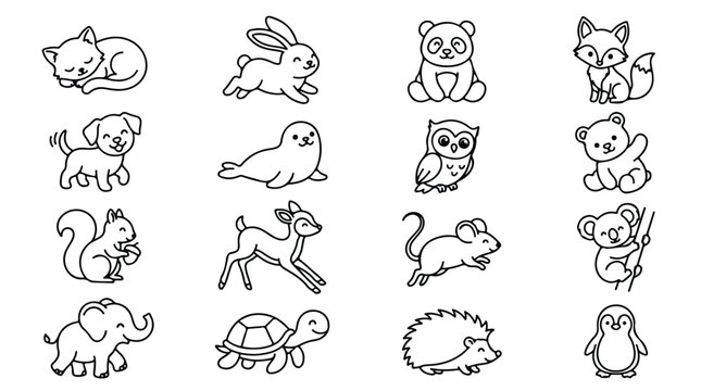 Kawaii animal line art collection, 16 cute cartoon animal icons set, minimalist black and white vector illustrations for kids coloring pages