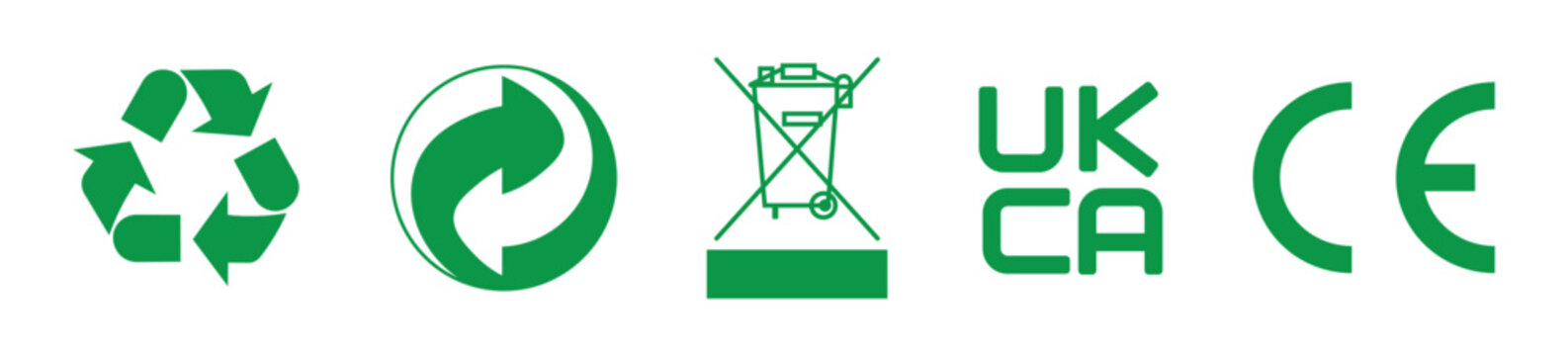 Environmental Compliance and Recycling Packaging Symbols Set Featuring Mobius Loop, Green Dot, WEEE Bin, UKCA and CE Mark Icons for Product Labels and Regulatory Design.