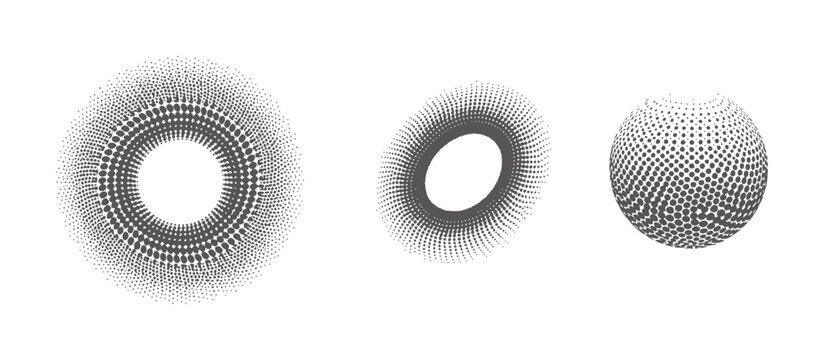 Three abstract grey dot patterns torus sphere shapes
