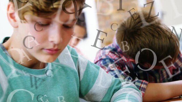 Camera moving closer, teen in green connecting wires on desk for STEM lab while letters overlaying