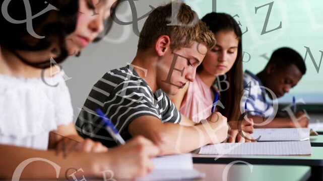 Students writing work after task cue with blue pens, camera pulling back, letters drifting on faces