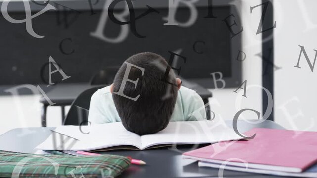 Education boy reading open book, leaning, resting head on page, letters overlaying, showing fatigue