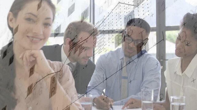 Man leaning in urging team marking papers for business, charts overlaying, left woman front smiling