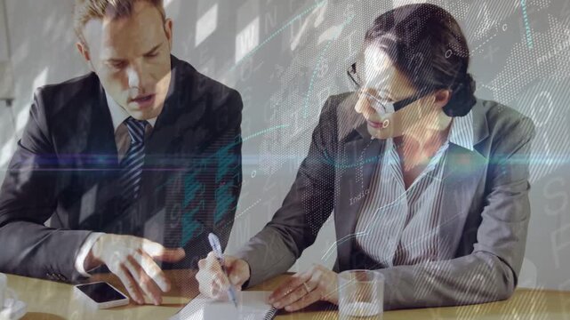 Biz pair meeting noting to confirm points and exchanging card while tech overlay highlights notes