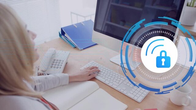 Woman typing as animated lock appearing beside monitor, pausing and smiling, showing tech security