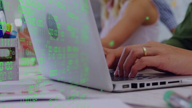 Man leaning forward, placing hands on laptop, typing with green binary overlay mapping code