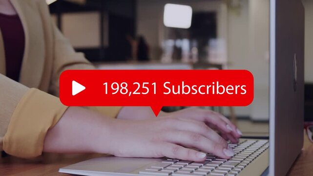 Female creator typing keys red subs badge appearing over hands rising to 1,000,000 tracking growth