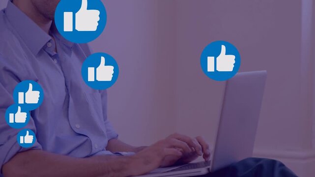 Man typing laptop, spawning blue likes at left, clustering over torso, showing social-media buzz