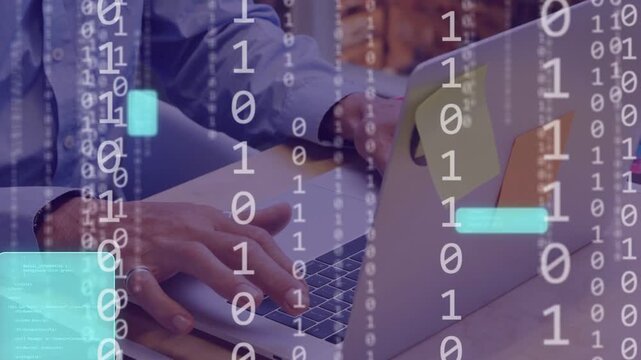 Man typing at desk, starting live binary overlays and cyan panels covering keys for tech analysis