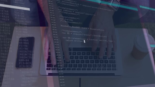 Man typing on laptop, initiating animated terminal overlay scrolling over phone and cup for coding