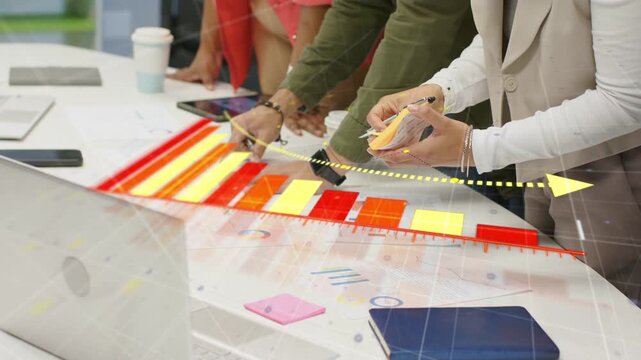Team reaching, laying red scale overlay, placing sticky notes following animated bars for business