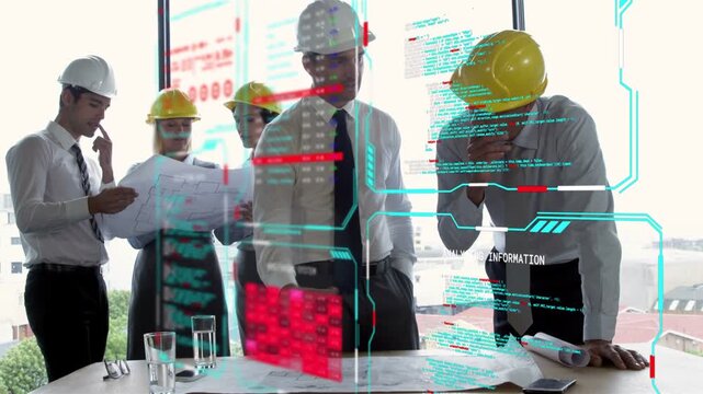 Holo UI projecting red data blocks urging team in hard hats leaning over plans guiding engineering
