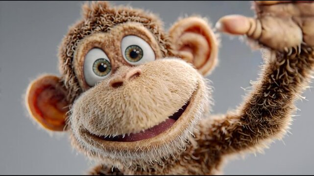 Friendly cartoon monkey waving hello with a big smile, a cute and playful primate character