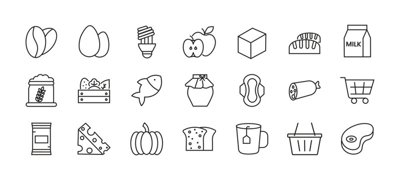 Food and Grocery Line Art Icons Set - Editable Vector Outline Illustrations of Fruits, Vegetables, Bread, Milk, Fish, Steak and Organic Market Food Symbols.
