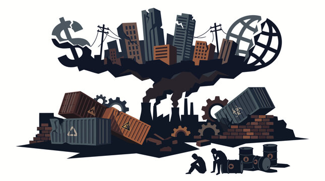 A dark illustration of industrial pollution with a cityscape and globe above a pile of trash and machinery against a white background.