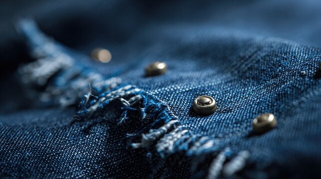 frayed. Close-up of frayed denim revealing metal rivets. tutorial guides, club newsletters, designed for tourism and weekend activity guides, drives community engagement.