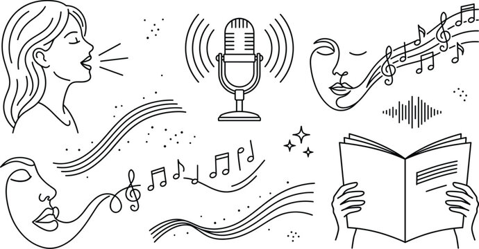 Abstract voice and music line art vector icon set with microphone book and singing woman face designs
