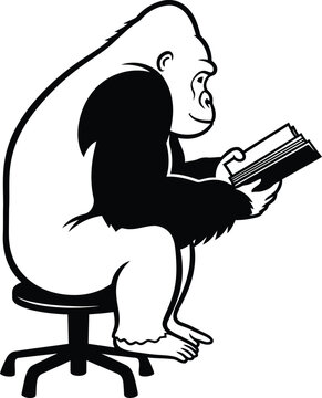 Gorilla sitting on office chair reading a book