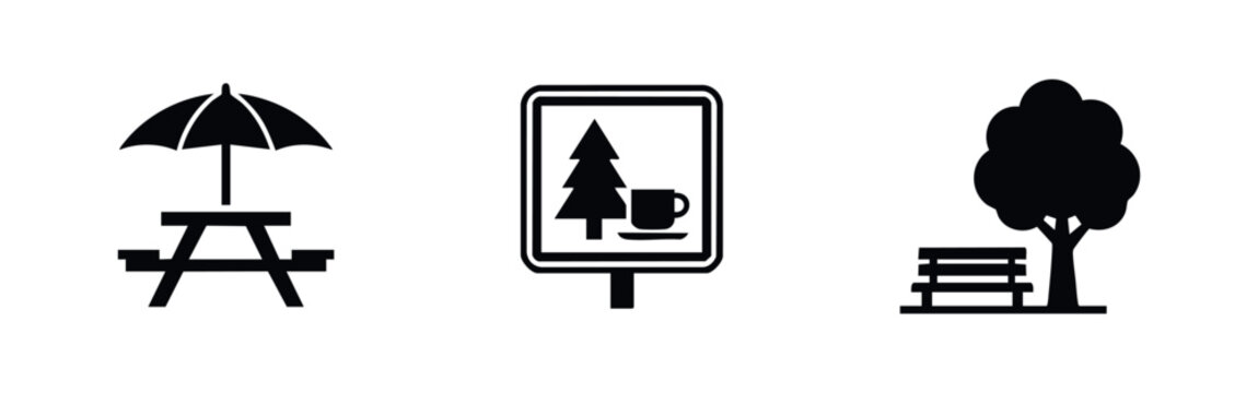 Park and outdoor leisure icons: picnic table, rest area, and bench with tree