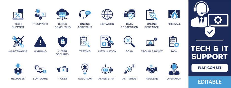 Tech & It support editable solid icon set. Containing cloud computing, online assistant, network, data protection, operator, warning, research, maintenance, software and more vector icons collection.