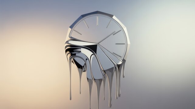 Surreal concept of melting silver clock illustrating time passing and fluid reality