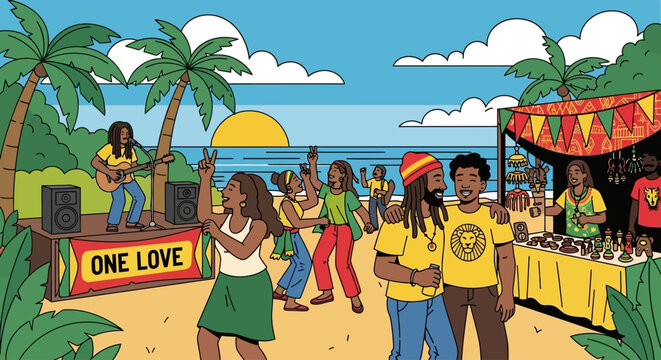 People celebrate International Reggae Day at a beach party on a sunny day
