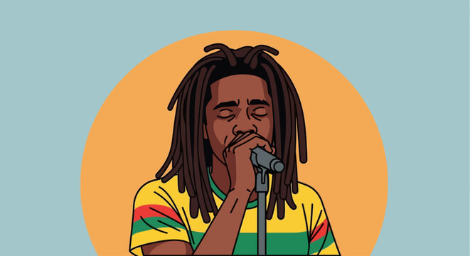 International Reggae artist performs on a sunny Day outdoors with microphone