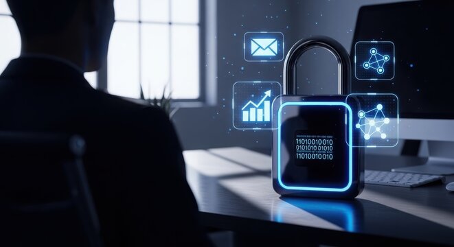 Man working on computer with digital padlock and cybersecurity icons