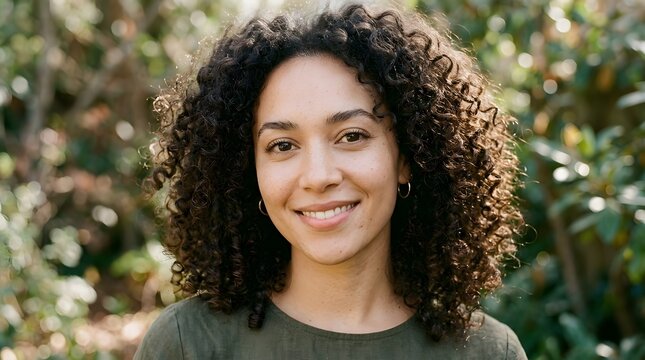 Close-up portrait of woman with natural curly hair and minimal makeup, beauty realism concept