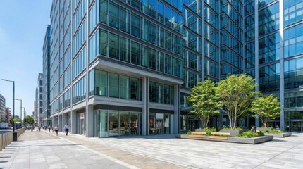 Obraz premium A modern office building with glass windows and a green tree in front.
