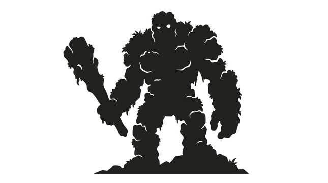 Silhouette of a Powerful Stone Golem with a Club, Ready for Battle.