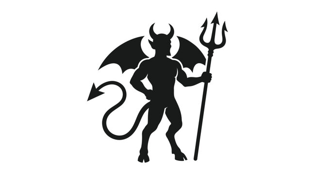 Silhouette of a Devil with Wings and Trident on White Background.