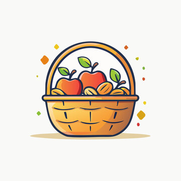 Basket of Apples and Nuts Cartoon Illustration.