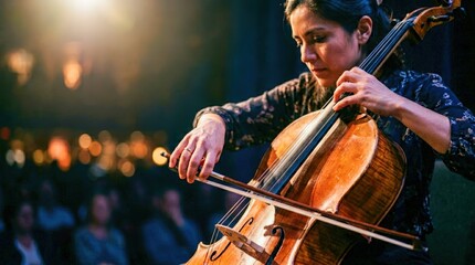 Fototapeta premium Woman playing cello on stage with audience in background.