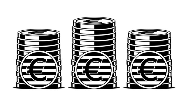 Coins stack with euro signs in circular medallions, monochrome line art icon for finance, accounting, and money exchange themes