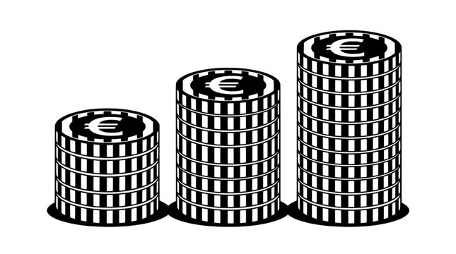 Coins stacked in three piles with euro symbols on top featuring currency, money, stack with financial and wealth elements for savings, investment