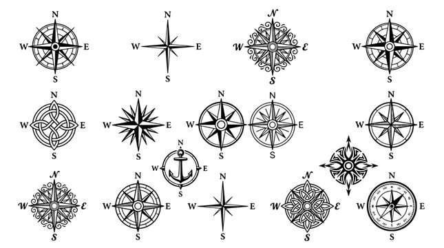 Compass rose icons set with ornate star compass design and detailed linework for navigation themed graphics