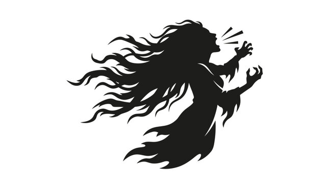 Silhouette of a Screaming Woman with Flowing Hair and Raised Arms.